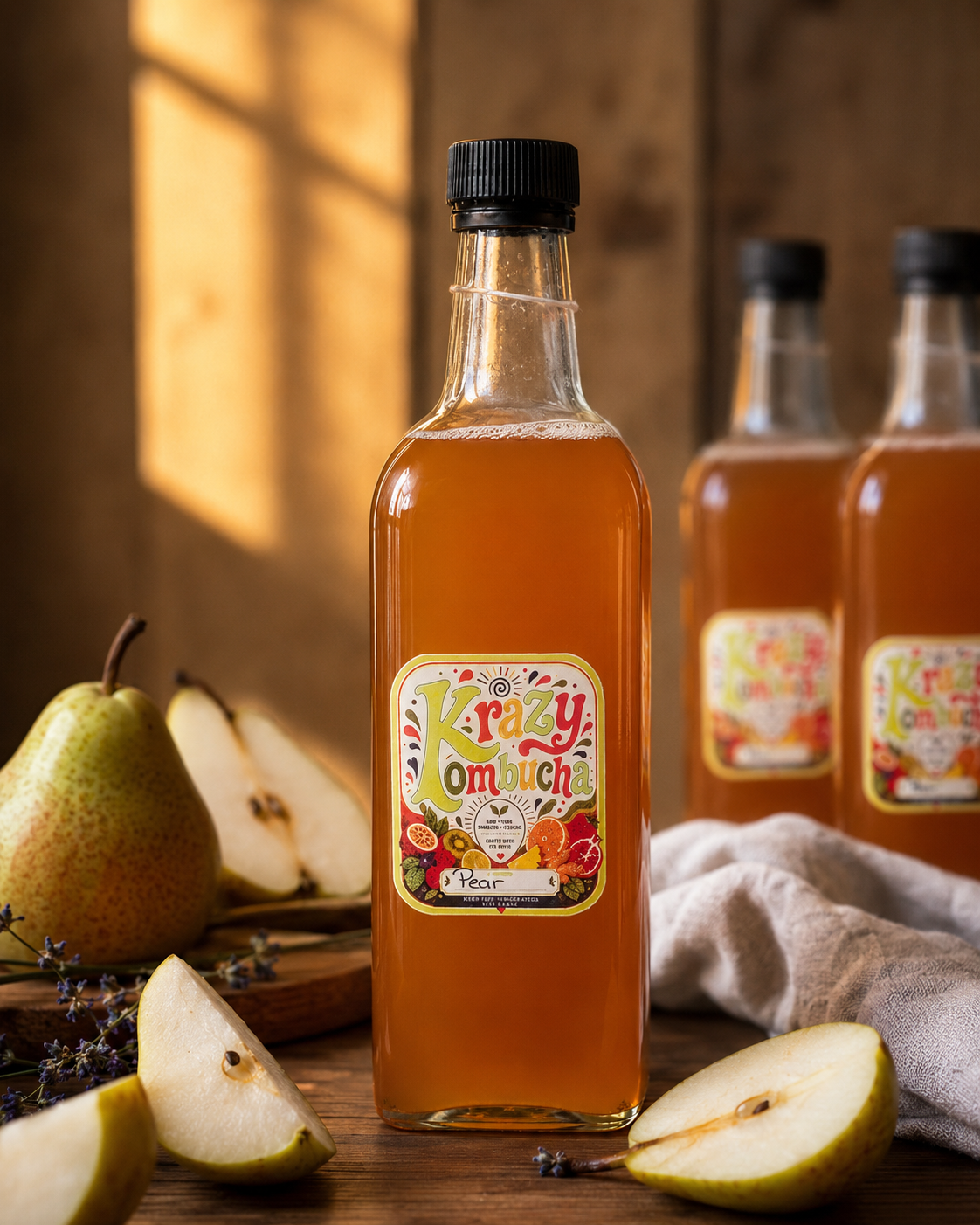 Krazy Kombucha Pear, amber glass bottle with the colourful Krazy Kombucha label, surrounded by fresh pears and lavender