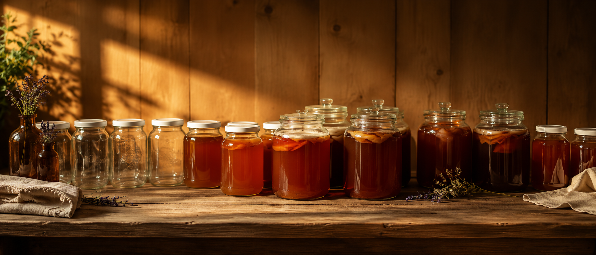 Two large glass jars of kombucha fermenting on Oma T's kitchen counter beside a basket of pears
