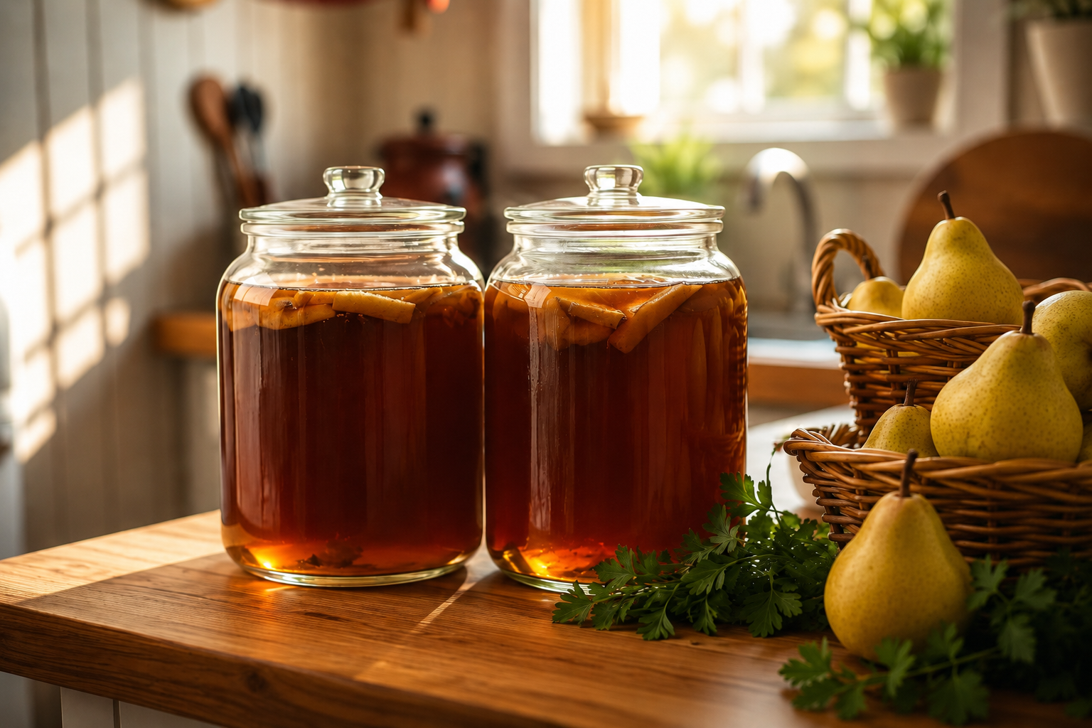 Warm farmhouse kitchen with mason jars of fermenting kombucha and a basket of fresh pears